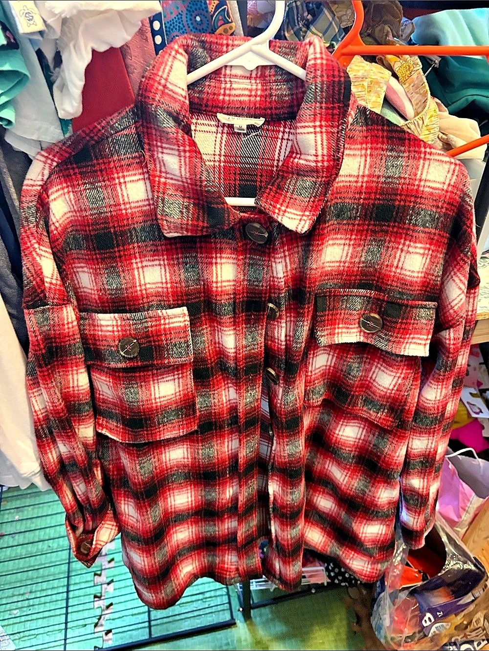 Jou Plaid Utility Jacket in Red & Black Size Medium